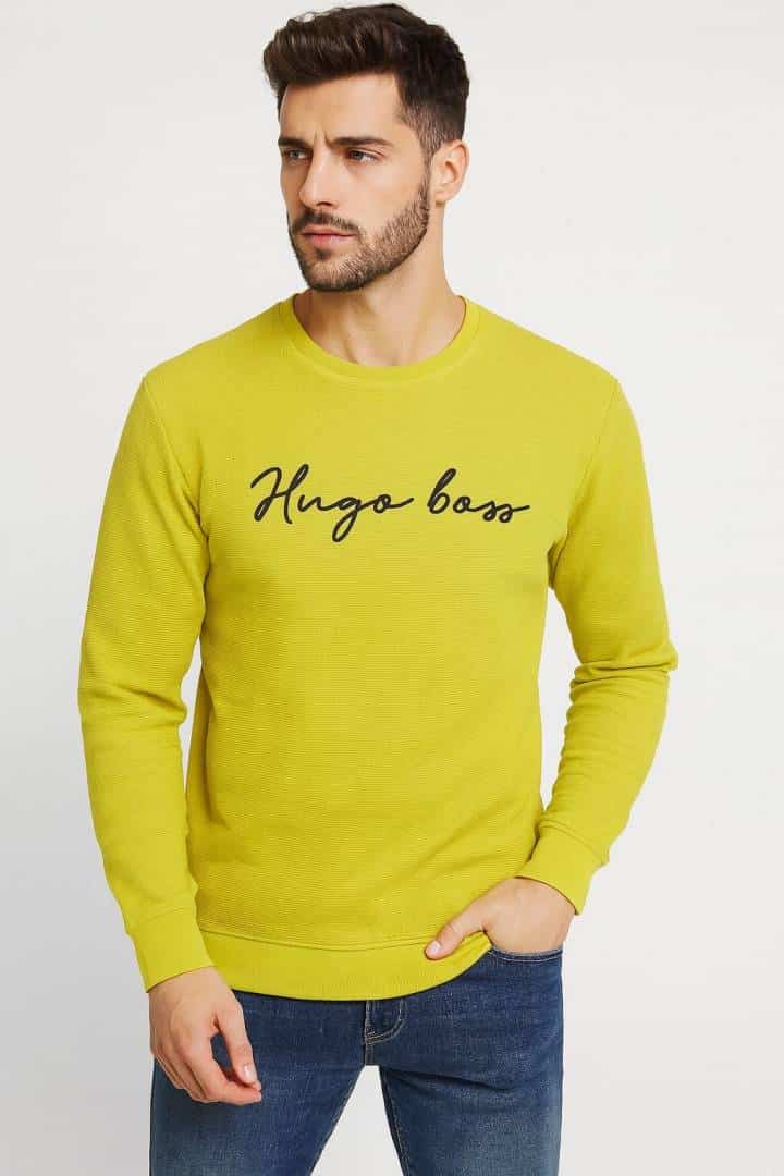 Hugo bos_s sweatshirt in a lime green with BRAND NAME LOGO PRINTED ON THE CHEST