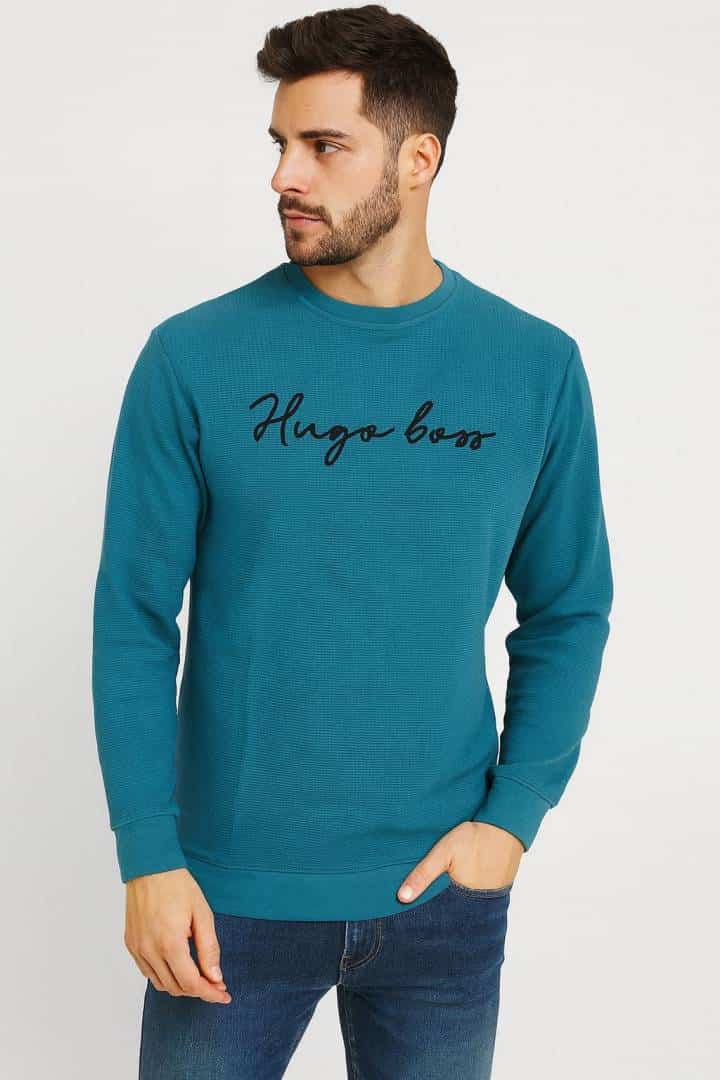 Hugo bos_s sweatshirt in a TEAL BLUE with BRAND NAME LOGO PRINTED ON THE CHEST