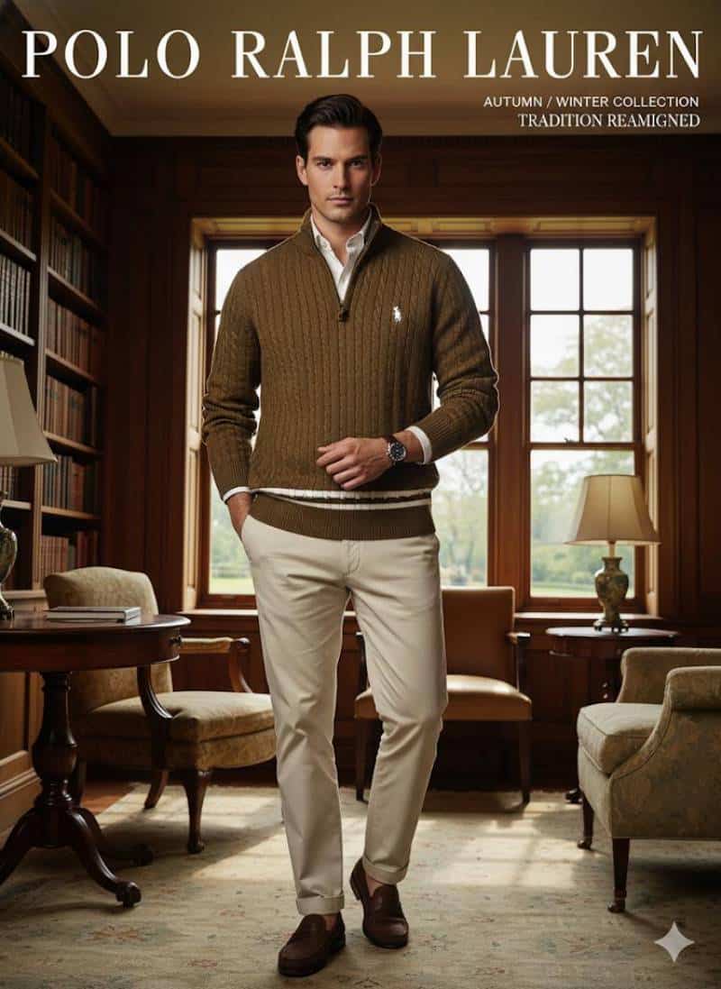 CAMEL BROWN POLO RALPH LAURE_N CABLE KNIT QUARTER ZIP PREMIUM SWEATER