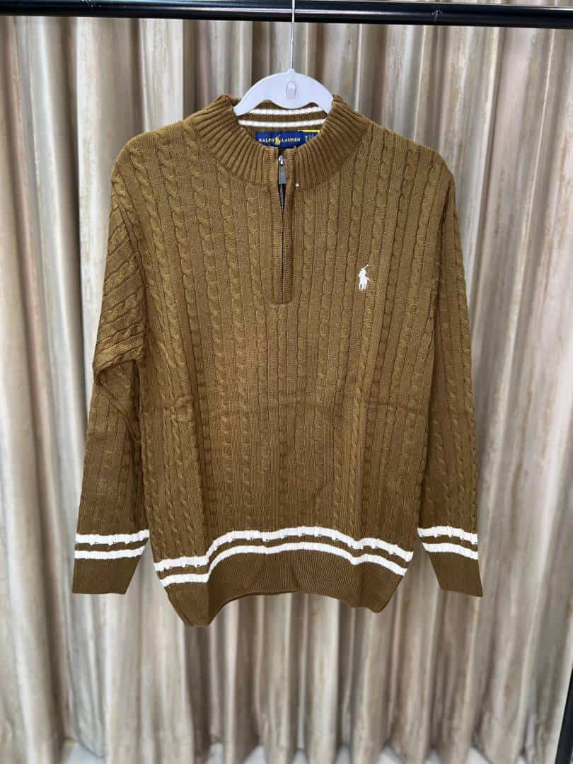 CAMEL BROWN POLO RALPH LAURE_N CABLE KNIT QUARTER ZIP PREMIUM SWEATER
