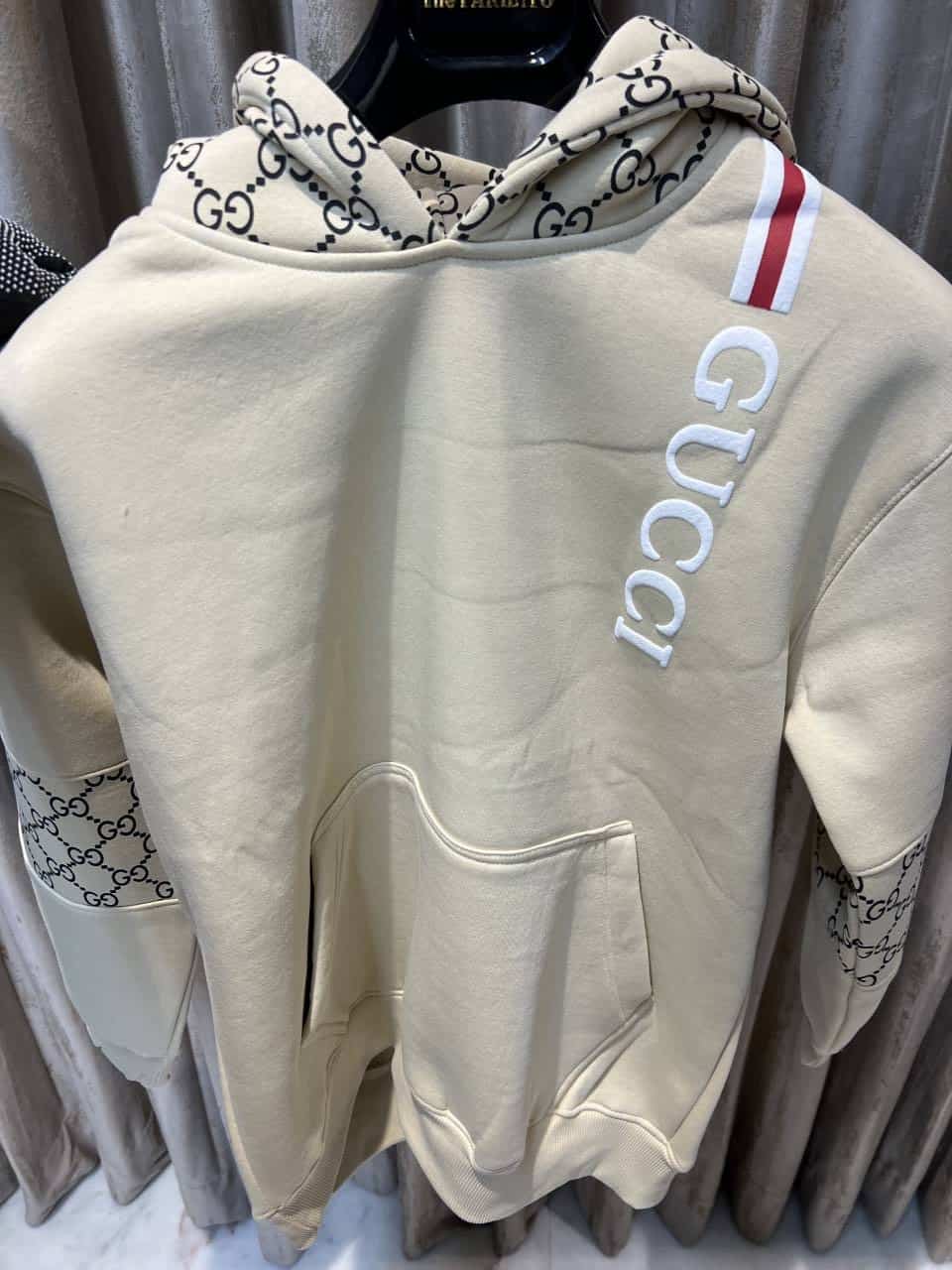 GUCC_I BEIGE PREMIUM HOODIES AVAILABLE IN ULTRA PREMIUM QUALITY WITH MONOGrAM ON SLEEVES