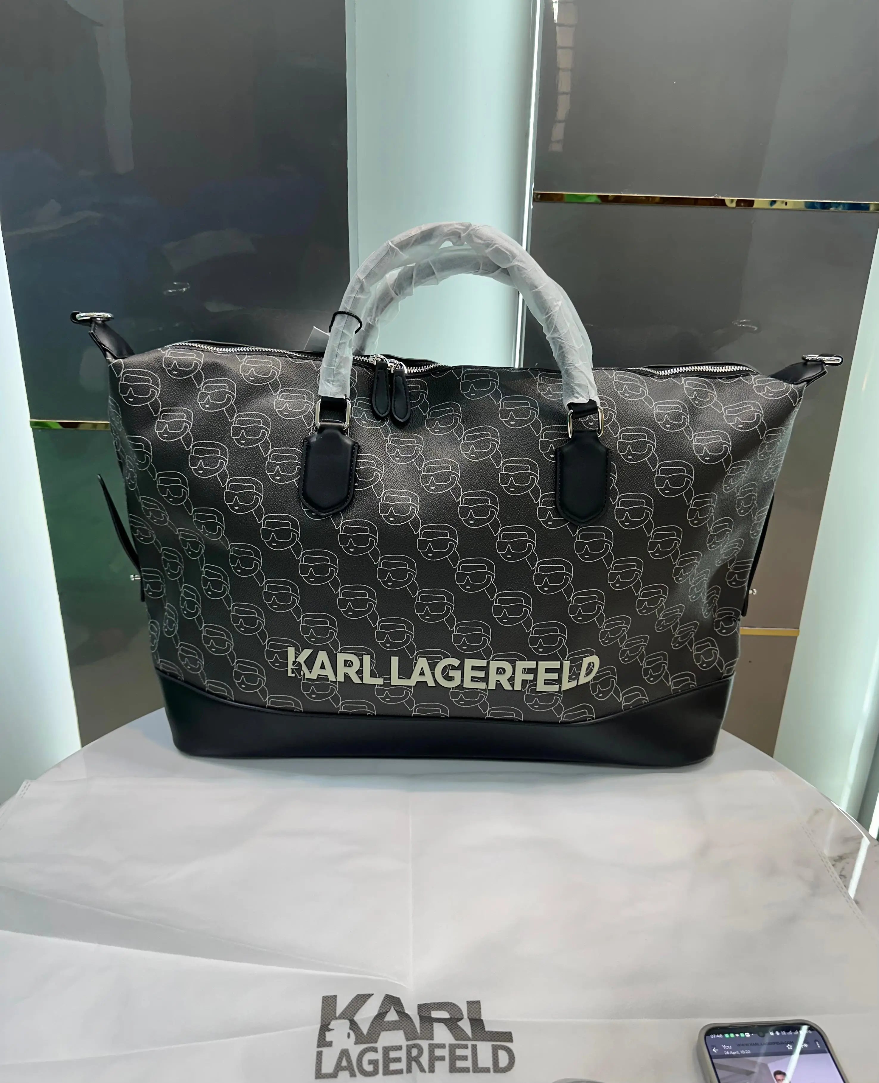 Karl Lagerfel d Brown Black Monogram Luxury Imported Duffel Bag