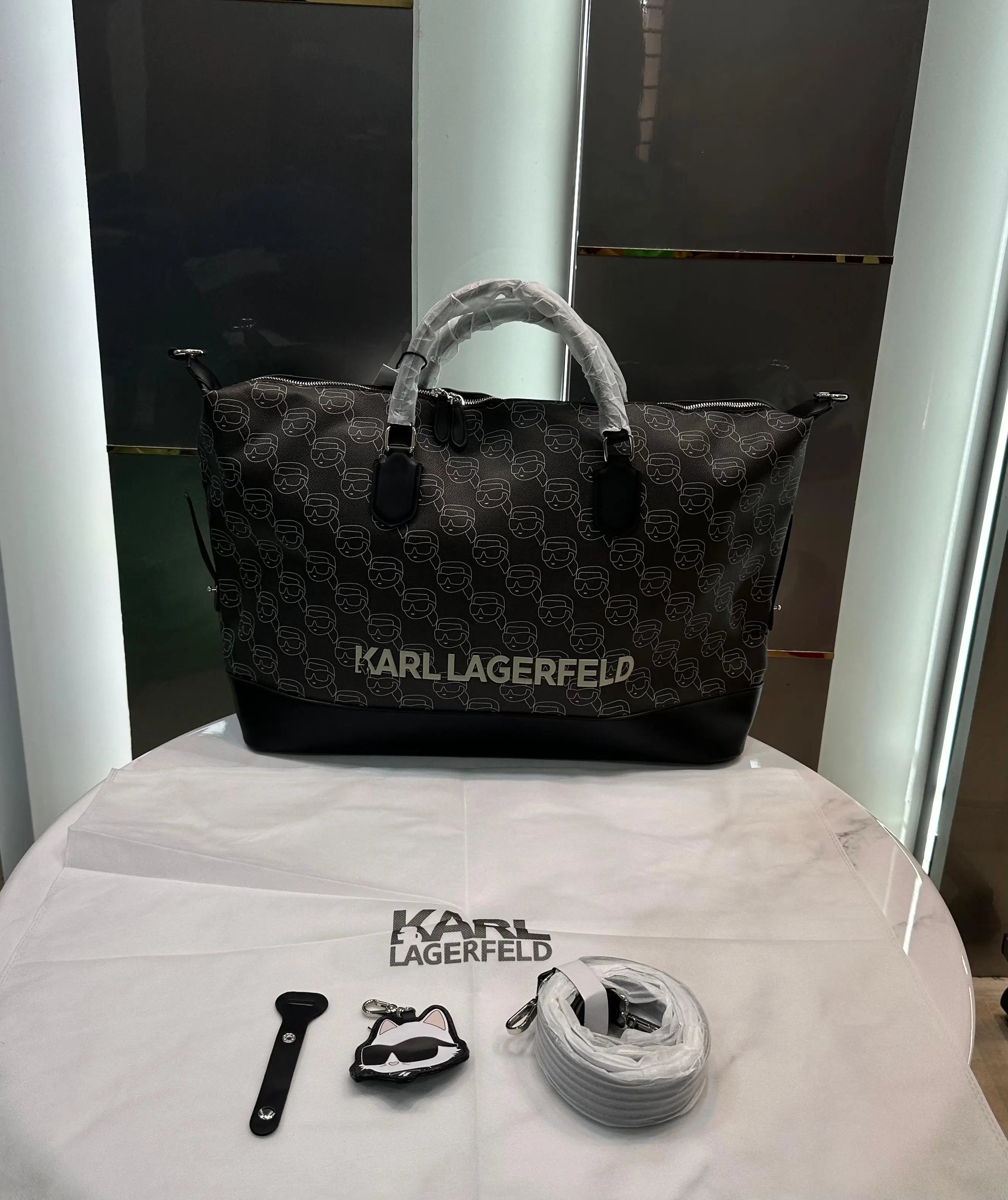 Karl Lagerfel d Brown Black Monogram Luxury Imported Duffel Bag