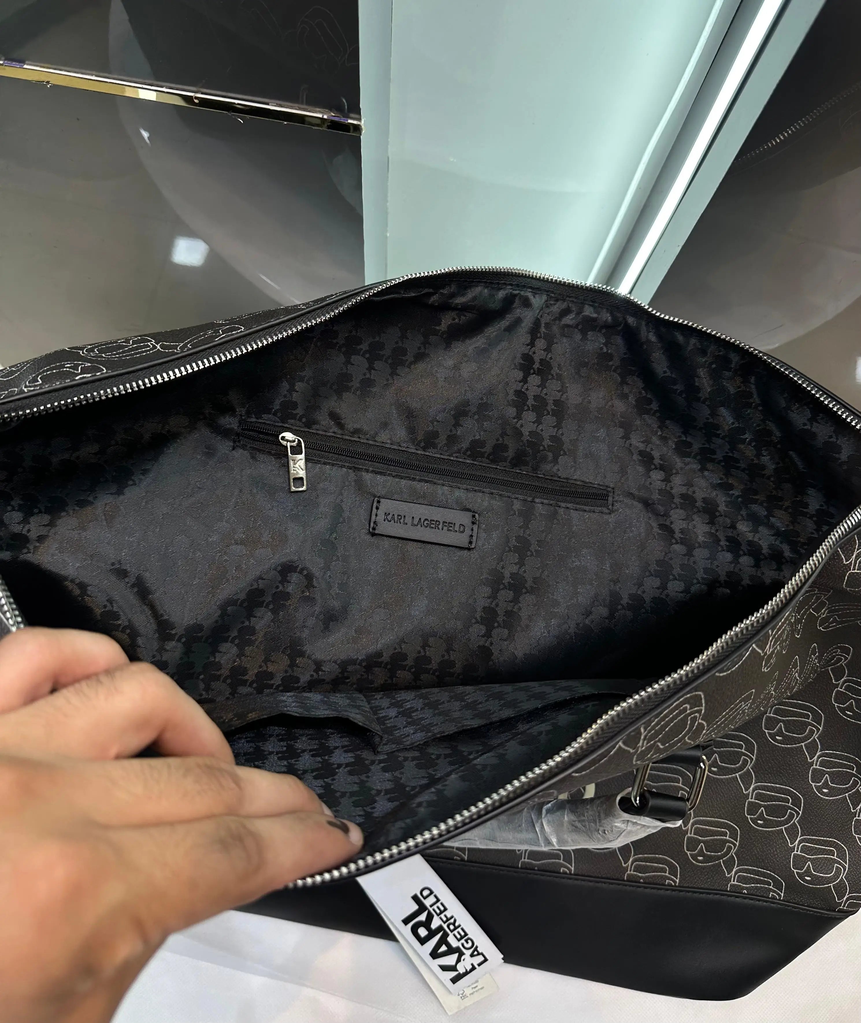 Karl Lagerfel d Brown Black Monogram Luxury Imported Duffel Bag