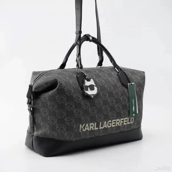 Karl Lagerfel d Brown Black Monogram Luxury Imported Duffel Bag