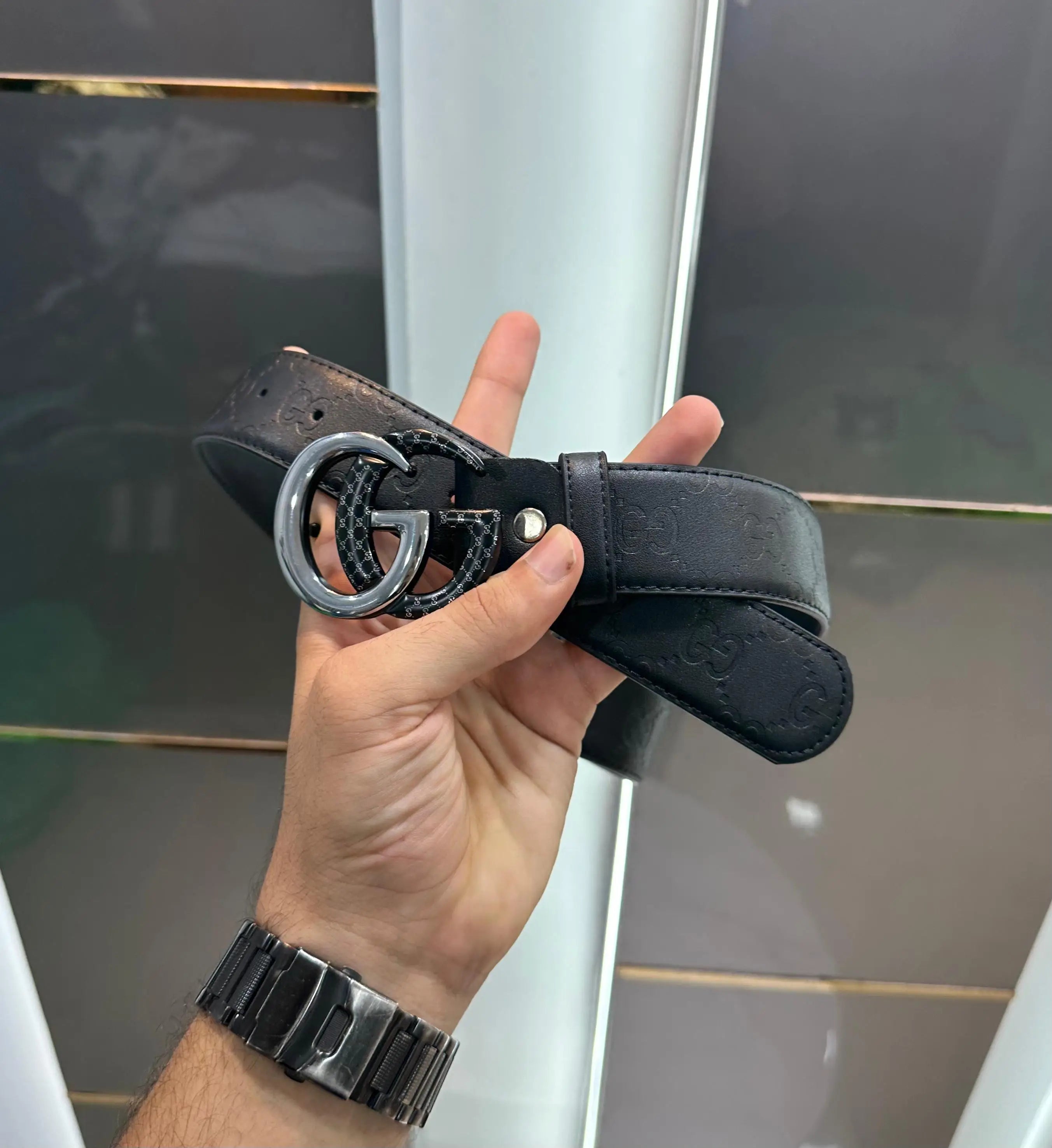 Gucc i Silver Black 001 Monogram Premium Imported Belt