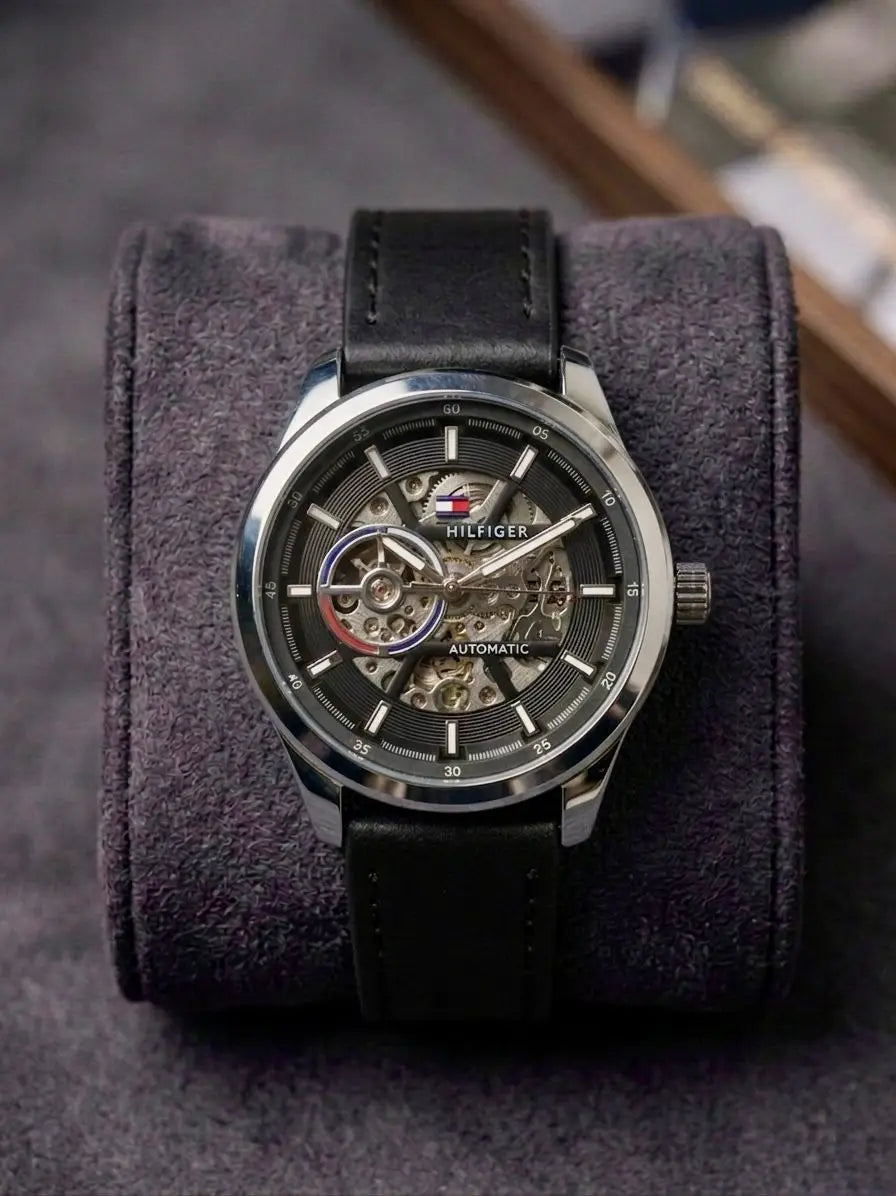 Tommy_Hilfiger Automatic Leather Belt Black Silver Black 292